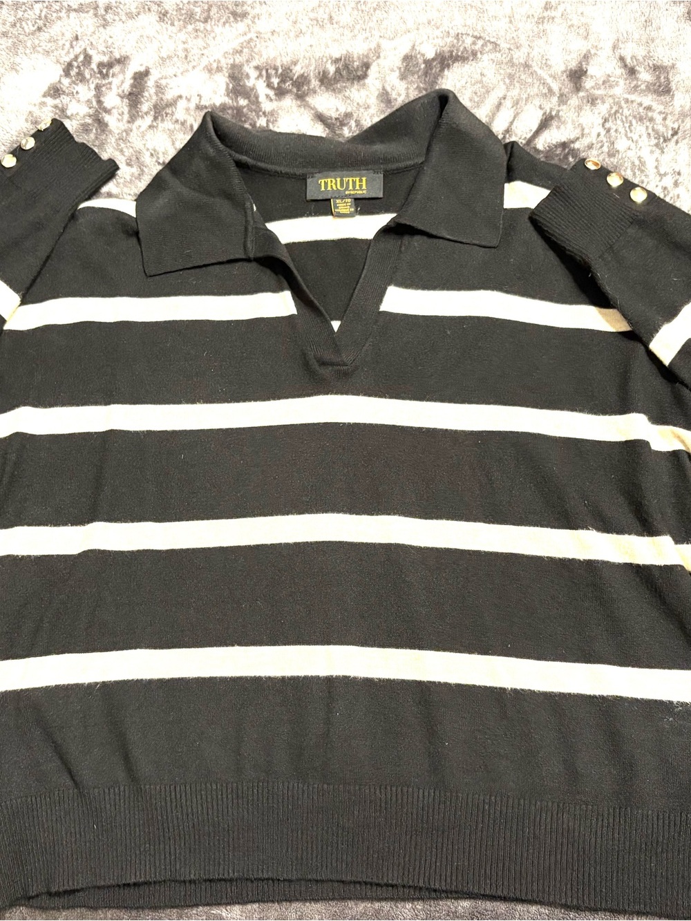 Truth Black and White Striped Polo Sweater with Button Cuffs